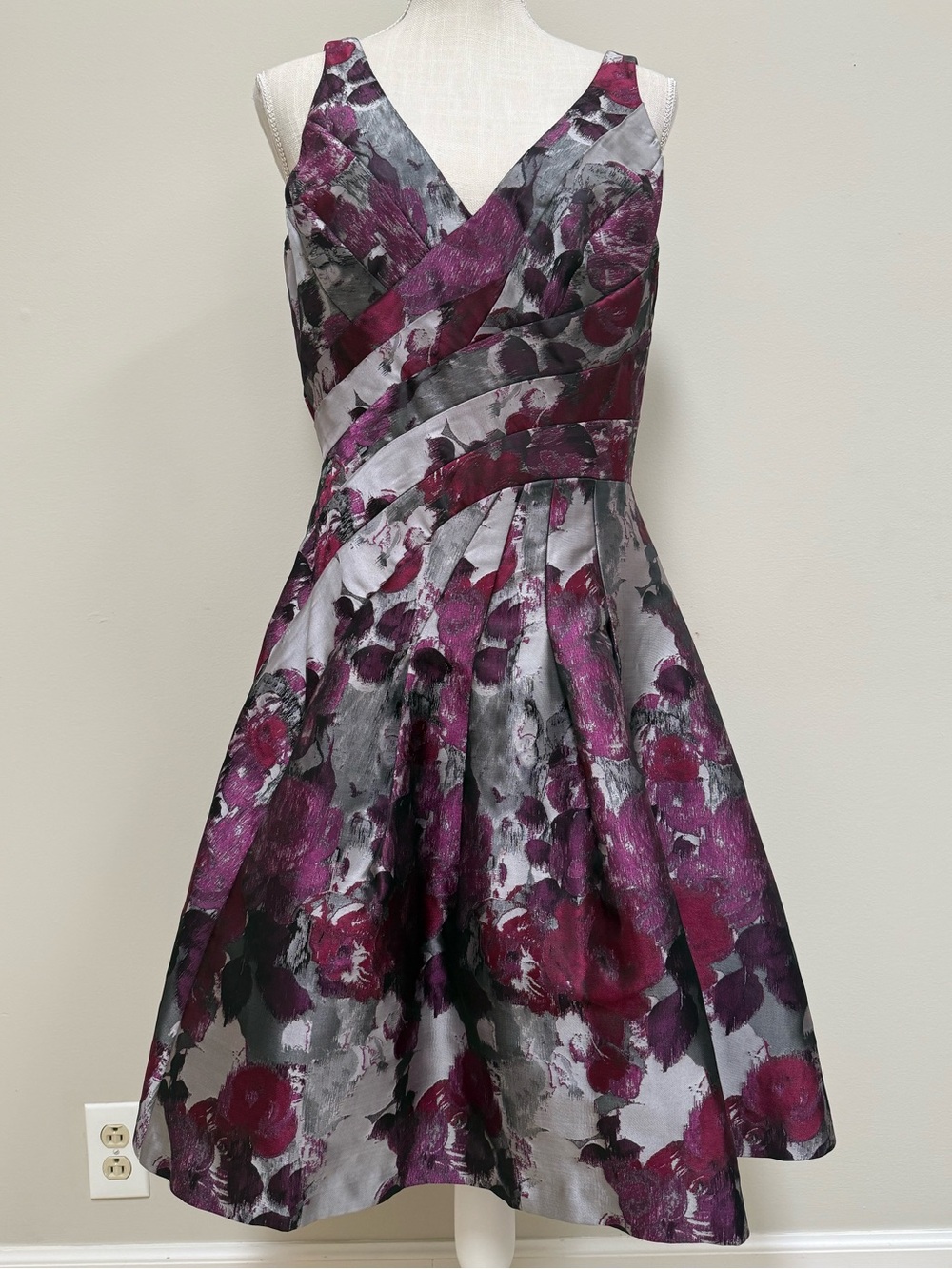V-Neck Floral Fit & Flare Dress in Plum and Gray
